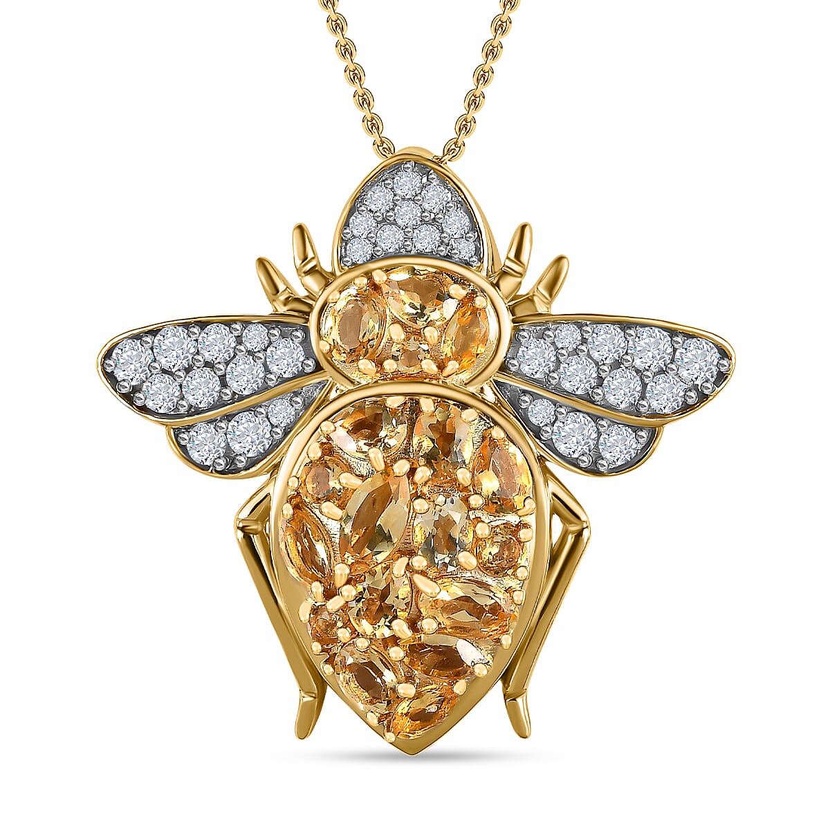 GP- Italian Garden Collection - Citrine and Natural Zircon Bee Pendant with Chain (Size 20) in 18K YG Vermeil Plated Sterling Silver 3.12 Ct, Silver Wt. 8.28 Gms. 4158536 0