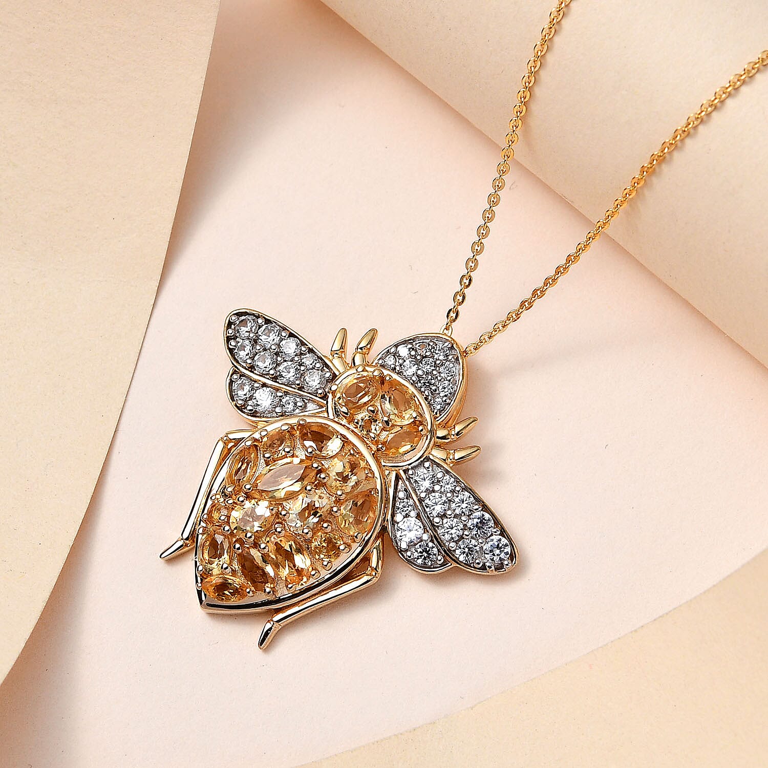 GP- Italian Garden Collection - Citrine and Natural Zircon Bee Pendant with Chain (Size 20) in 18K YG Vermeil Plated Sterling Silver 3.12 Ct, Silver Wt. 8.28 Gms. 4158536 2