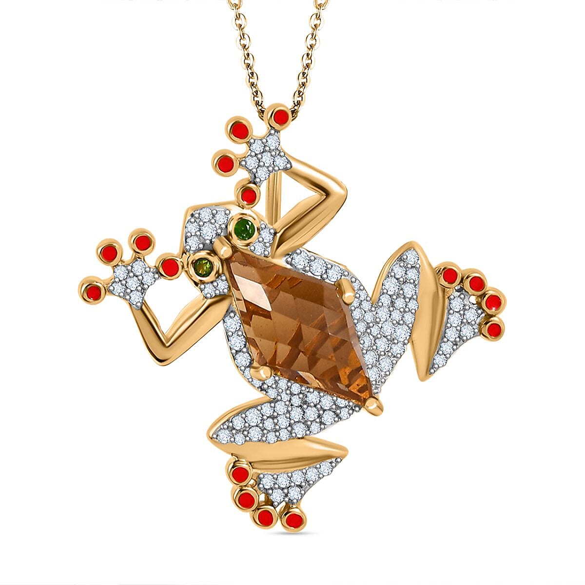 GP Italian Garden Collection - Citrine, Natural Zircon &amp; Natural Chrome Diopside Frog Pendant with Chain (Size 20) in 18K Vermeil Yellow Gold Plated Sterling Silver 4244505 0