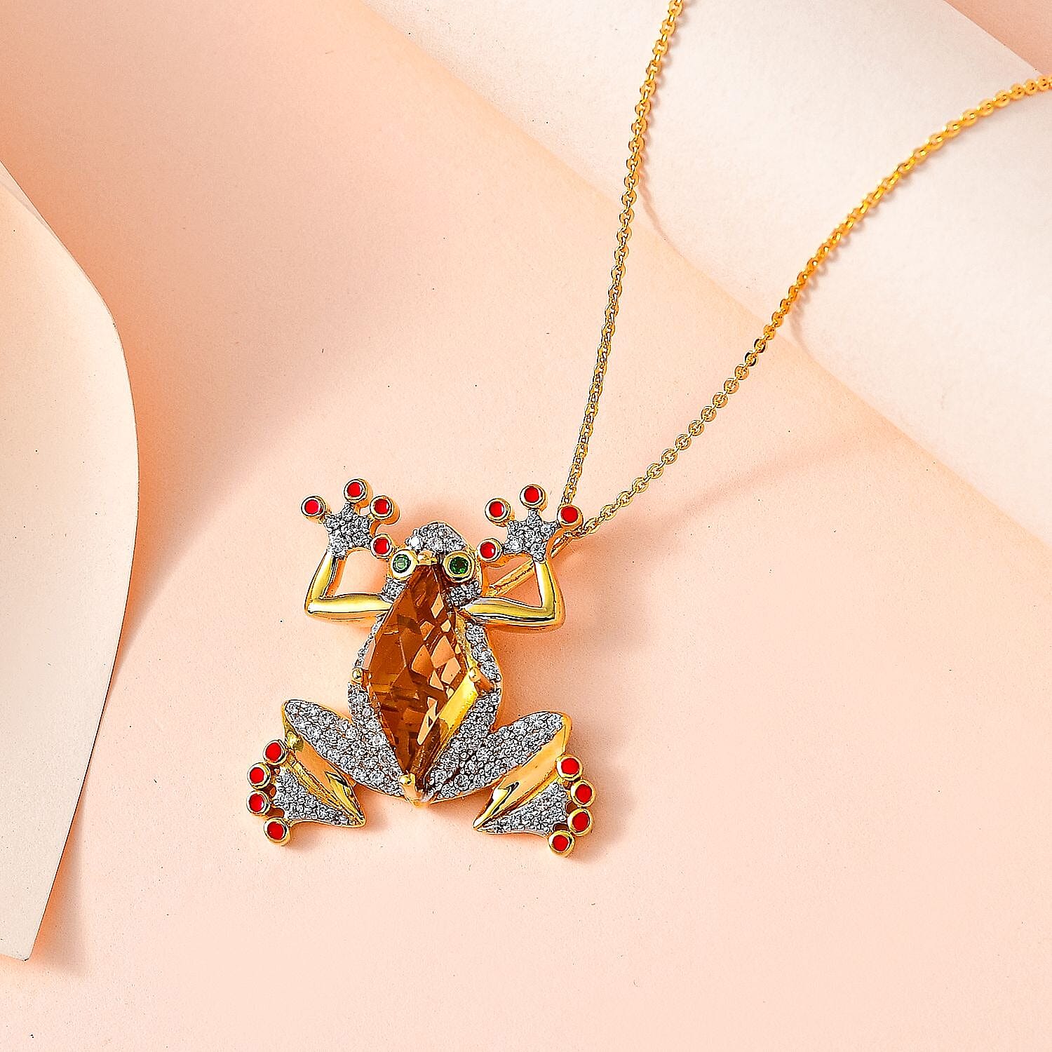 GP Italian Garden Collection - Citrine, Natural Zircon &amp; Natural Chrome Diopside Frog Pendant with Chain (Size 20) in 18K Vermeil Yellow Gold Plated Sterling Silver 4244505 2