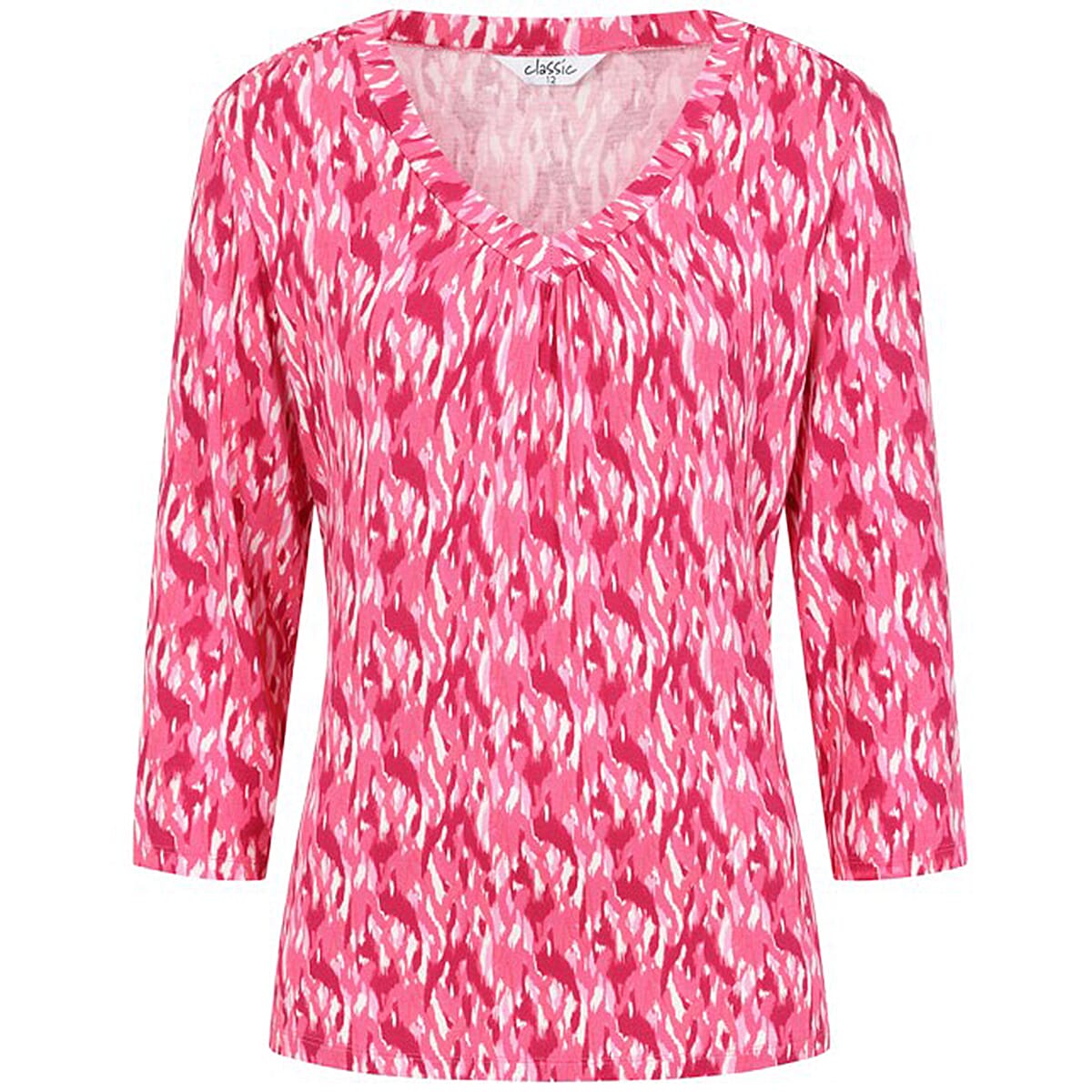 Classic Abstract Print V-Neck Top with 3-4 Sleeves (Size 10) - Pink 8158096 0