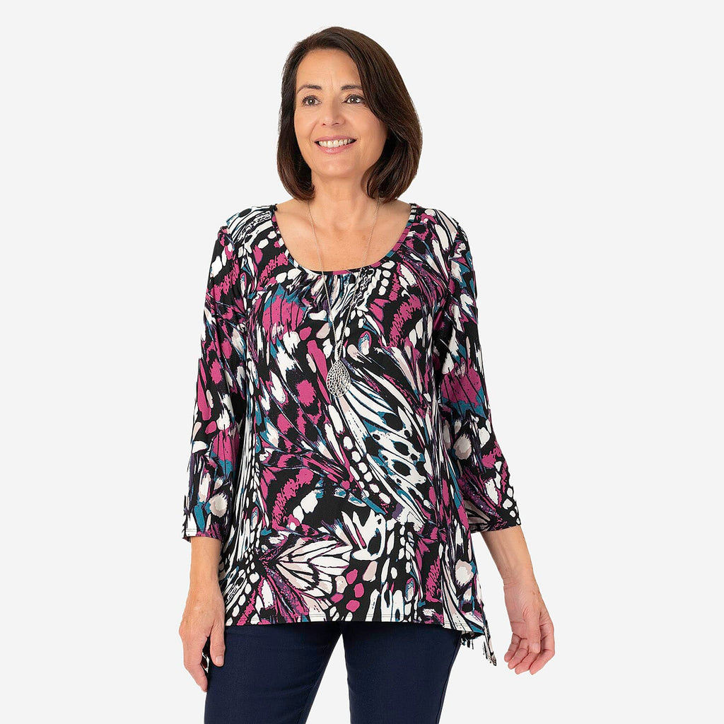 3 -4 SLEEVE HANKY HEM PRINT TOP WITH NECKLACE (Size 12) - Multi