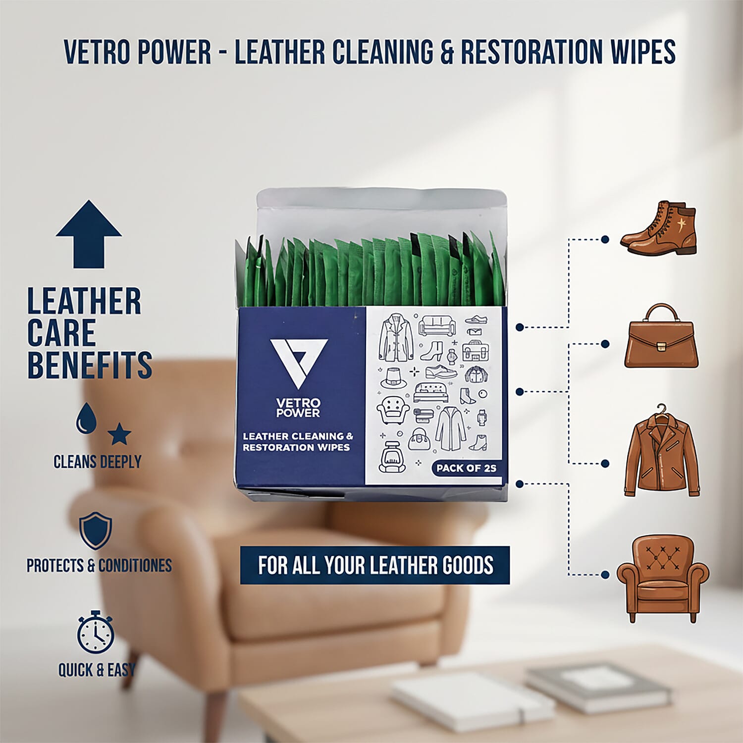 Pack of 25 X 2 - Vetro Power Leather Restoration Wipes 8341494 2