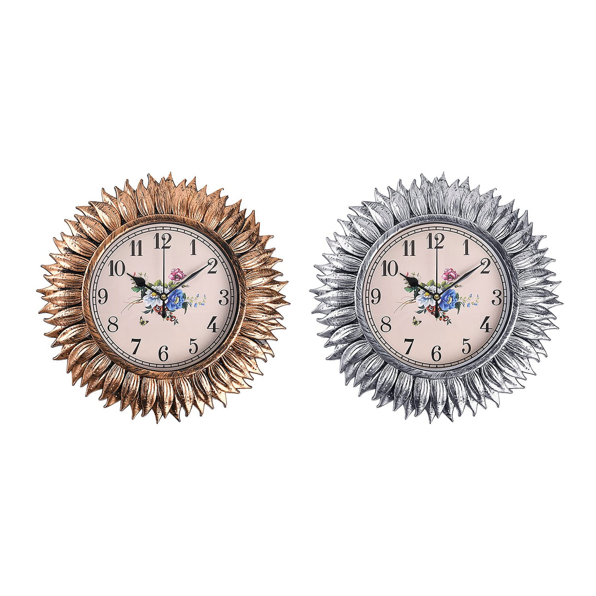 Set of 2 Round Sunflower Design Analog Wall Clocks - Gold and Silver 7705715 0