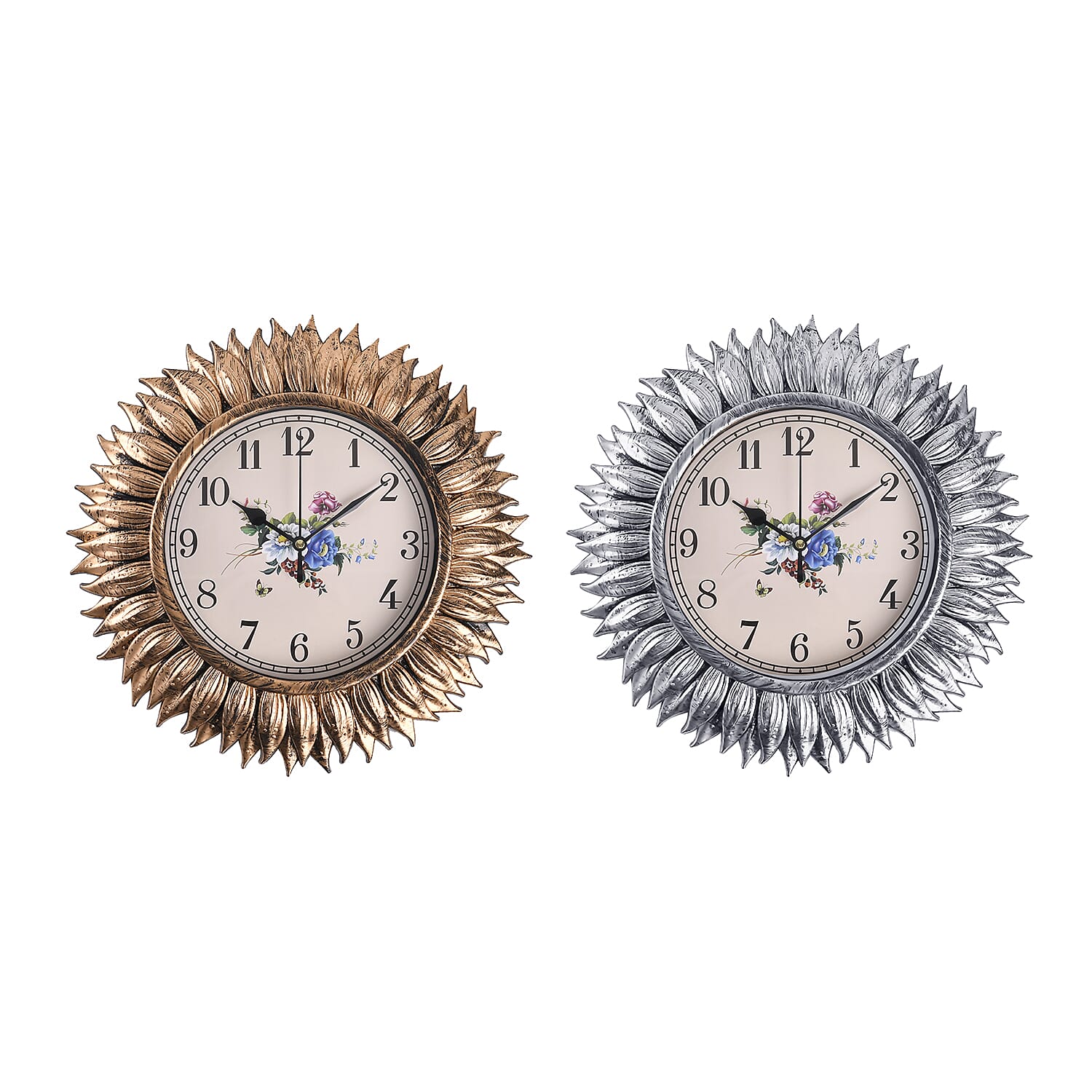 Set of 2 Round Sunflower Design Analog Wall Clocks - Gold and Silver 7705715 0