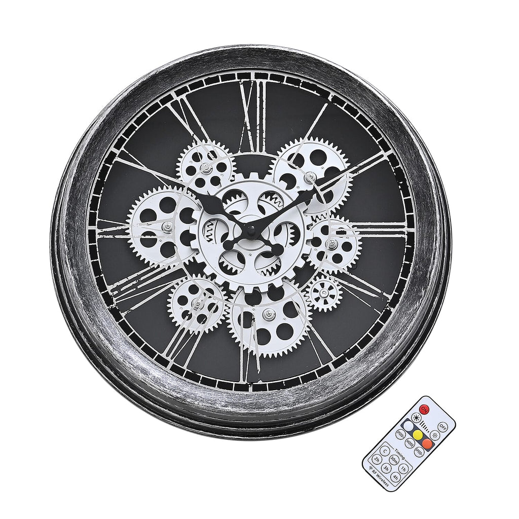 Rotating Gears Wall Clock - Industrial Roman Numeral Timepiece with 3-Colour LED Backlight, Remote Controlled Moving Gear Art - Silver & Black