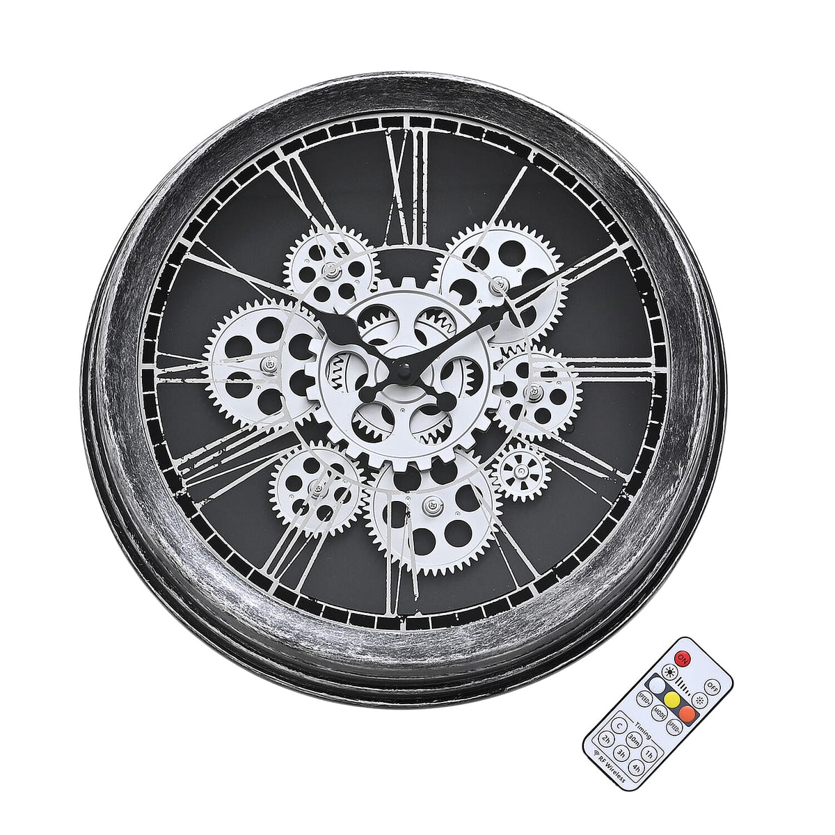 Rotating Gears Wall Clock - Industrial Roman Numeral Timepiece with 3-Colour LED Backlight, Remote Controlled Moving Gear Art - Silver &amp; Black V32514077 0
