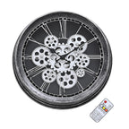 Rotating Gears Wall Clock - Industrial Roman Numeral Timepiece with 3-Colour LED Backlight, Remote Controlled Moving Gear Art - Silver & Black