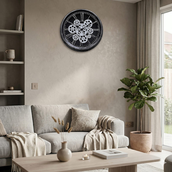 Rotating Gears Wall Clock - Industrial Roman Numeral Timepiece with 3-Colour LED Backlight, Remote Controlled Moving Gear Art - Silver &amp; Black 8416216 2