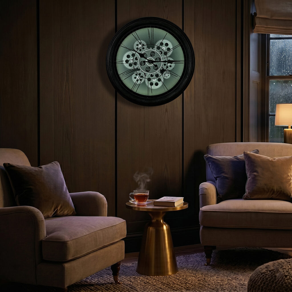 Rotating Gears Wall Clock - Industrial Roman Numeral Timepiece with 3-Colour LED Backlight, Remote Controlled Moving Gear Art - Silver & Black