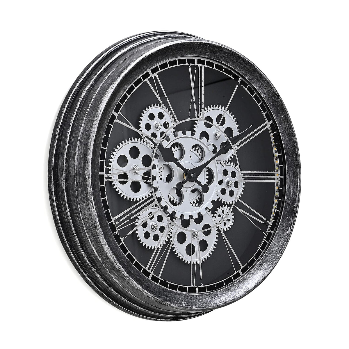 Rotating Gears Wall Clock - Industrial Roman Numeral Timepiece with 3-Colour LED Backlight, Remote Controlled Moving Gear Art - Silver &amp; Black V32514077 6