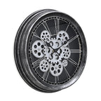 Rotating Gears Wall Clock - Industrial Roman Numeral Timepiece with 3-Colour LED Backlight, Remote Controlled Moving Gear Art - Silver & Black