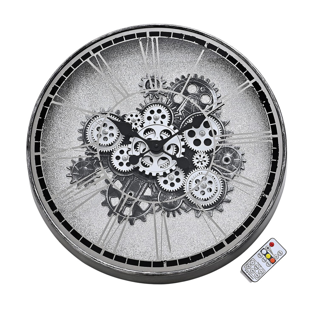 Rotating Gears Wall Clock - Industrial Steampunk with 3-Colour LED Lights, Remote Control Moving Gear (50cm) - Grey