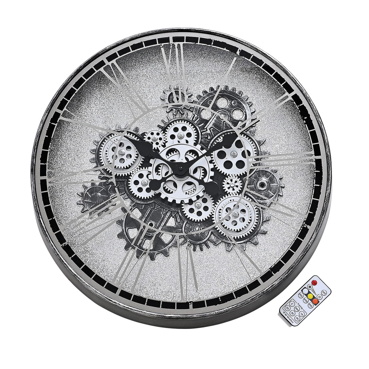 Rotating Gears Wall Clock - Industrial Steampunk with 3-Colour LED Lights, Remote Control Moving Gear (50cm) - Grey 8416284 0