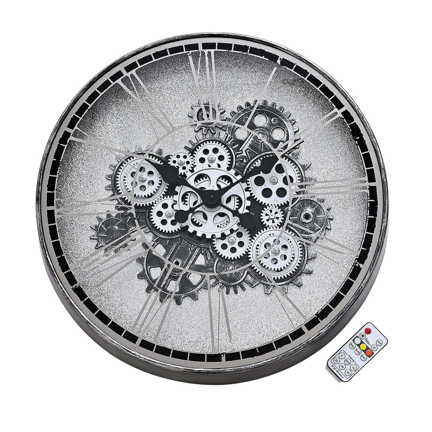 Rotating Gears Wall Clock - Industrial Steampunk with 3-Colour LED Lights, Remote Control Moving Gear (50cm) - Grey 8416284 0