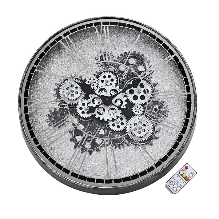 Rotating Gears Wall Clock - Industrial Steampunk with 3-Colour LED Lights, Remote Control Moving Gear (50cm) - Grey 8416284 1