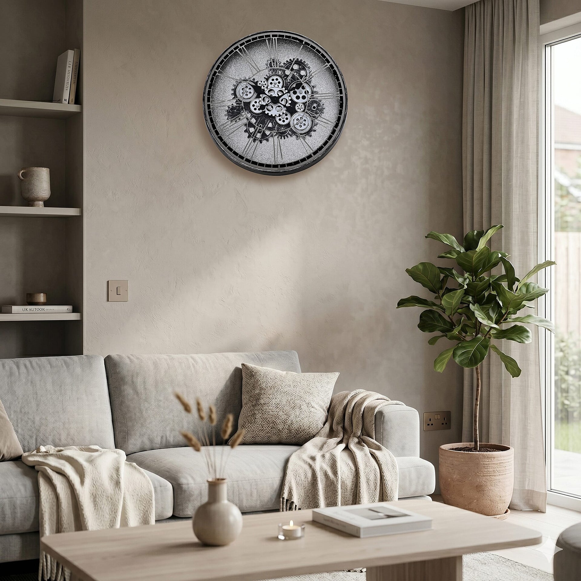 Rotating Gears Wall Clock - Industrial Steampunk with 3-Colour LED Lights, Remote Control Moving Gear (50cm) - Grey 8416284 2
