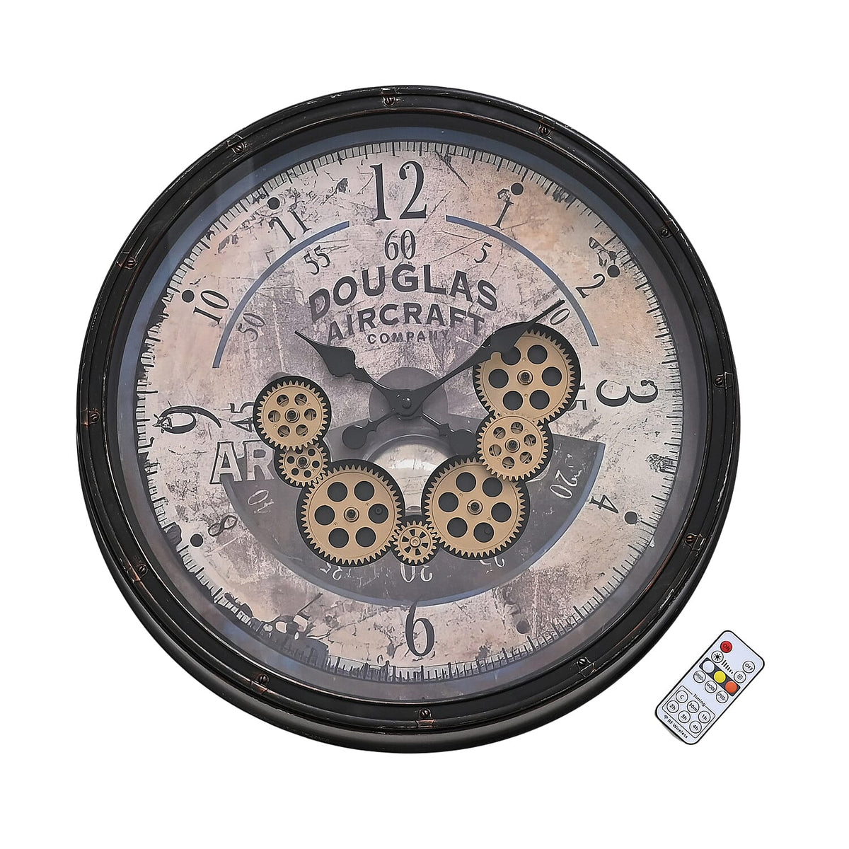 Rotating Gears Wall Clock - Industrial Steampunk Timepiece with 3-Colour LED Lights, Remote Control Moving Gear (50cm) - Aircraft V32515311 0
