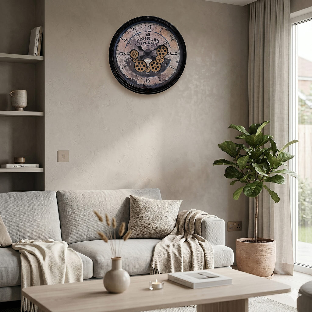 Rotating Gears Wall Clock - Industrial Steampunk Timepiece with 3-Colour LED Lights, Remote Control Moving Gear (50cm) - Aircraft