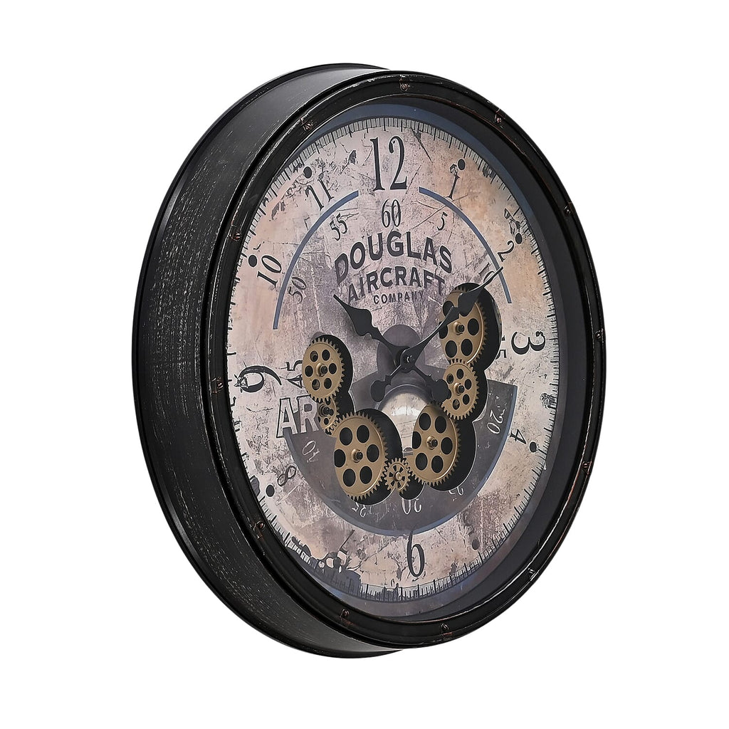 Rotating Gears Wall Clock - Industrial Steampunk Timepiece with 3-Colour LED Lights, Remote Control Moving Gear (50cm) - Aircraft
