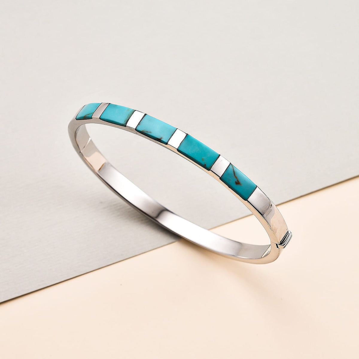 Close Out- Rhodium Overlay Sterling Silver Turquoise Bangle 7019549 1