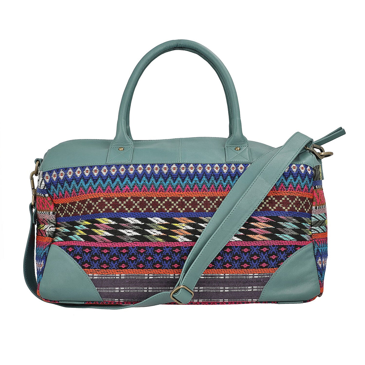 Closeout Deal - 100% Genuine Leather Handmade Jacquard Holdall Luggage Bag - Teal 8717857 0