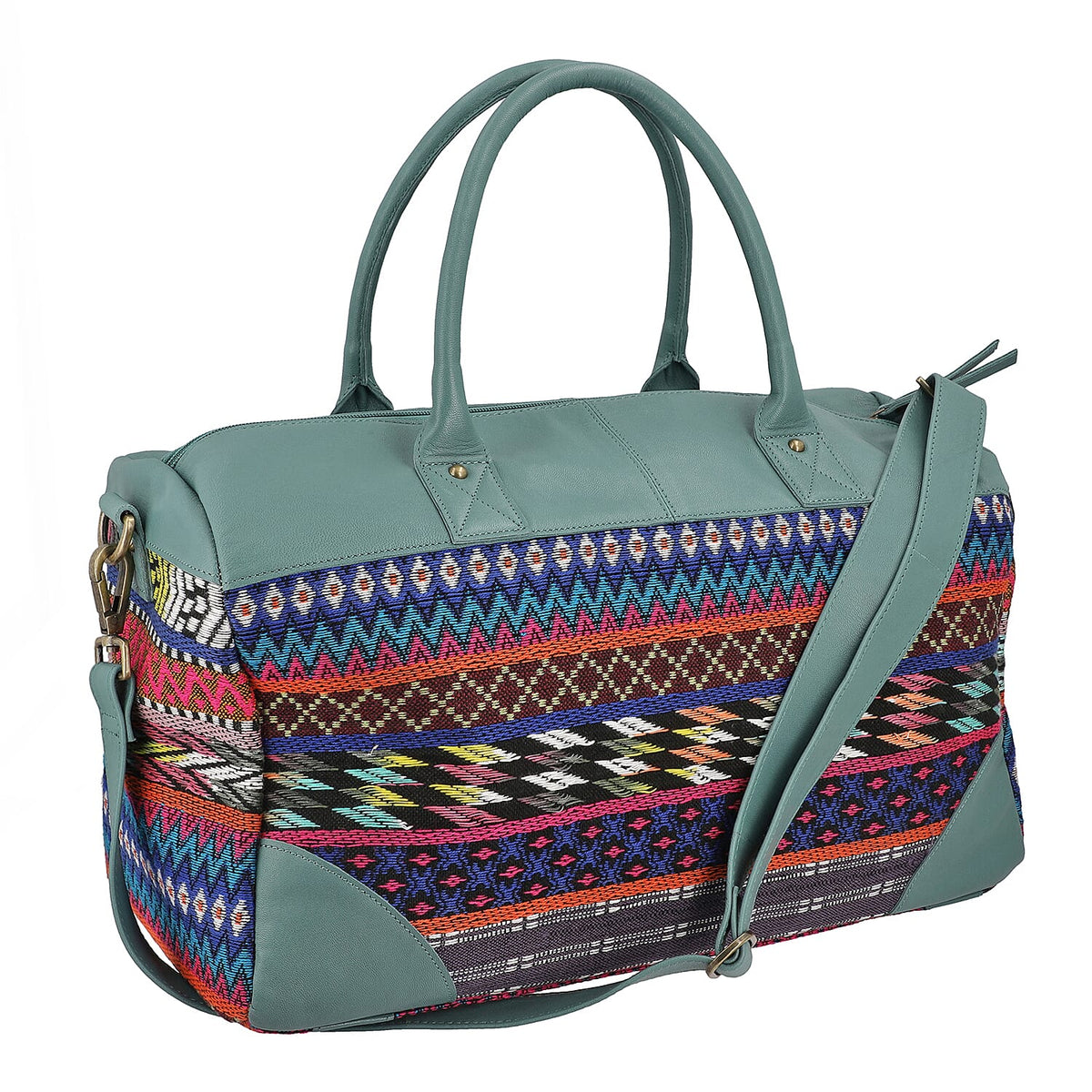 Closeout Deal - 100% Genuine Leather Handmade Jacquard Holdall Luggage Bag - Teal 8717857 3