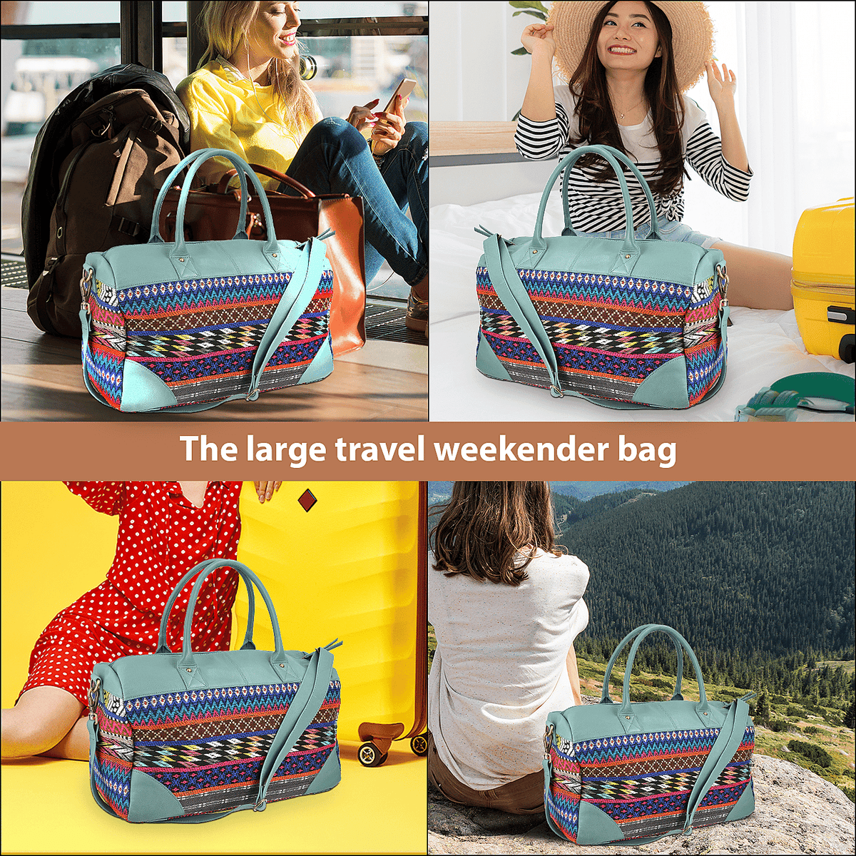 Closeout Deal - 100% Genuine Leather Handmade Jacquard Holdall Luggage Bag - Teal 8717857 4