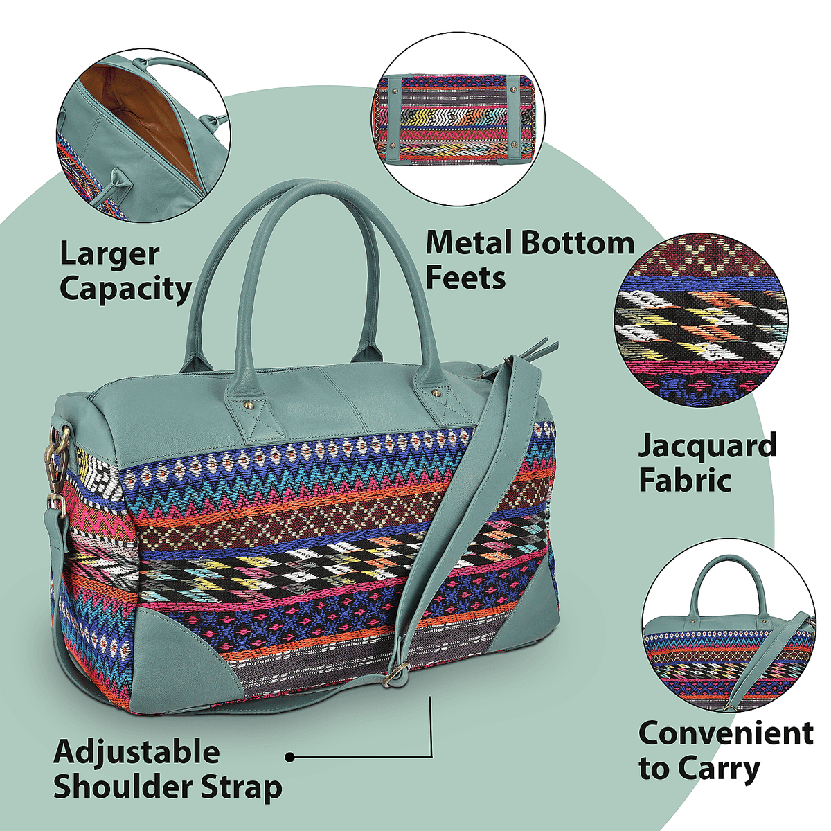 Closeout Deal - 100% Genuine Leather Handmade Jacquard Holdall Luggage Bag - Teal 8717857 6