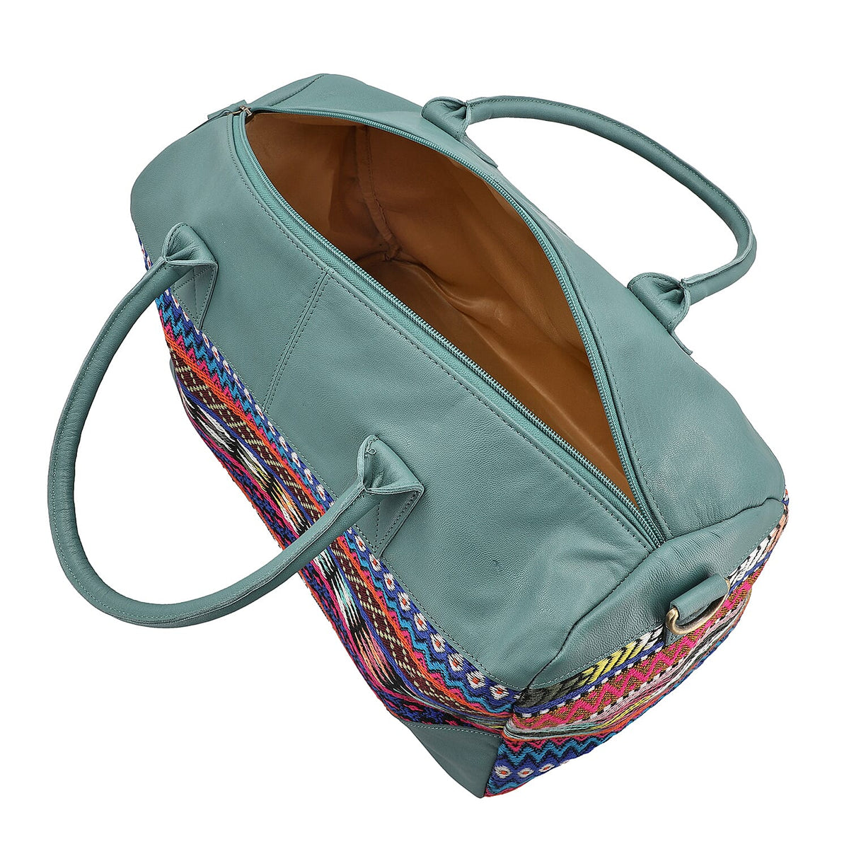 Closeout Deal - 100% Genuine Leather Handmade Jacquard Holdall Luggage Bag - Teal 8717857 9