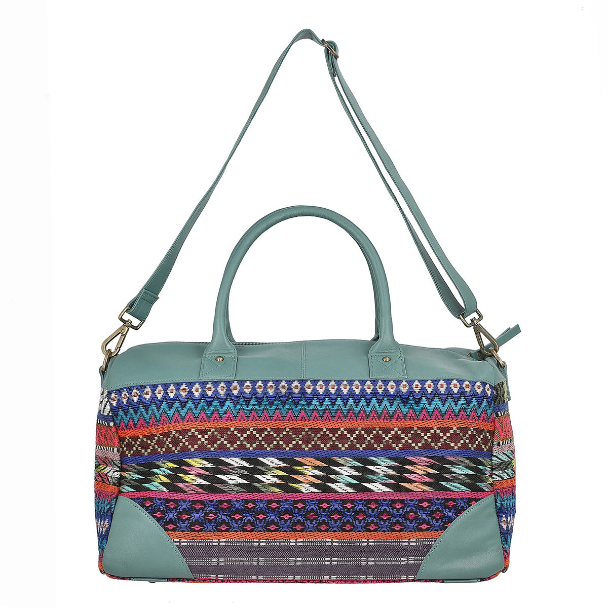 Closeout Deal - 100% Genuine Leather Handmade Jacquard Holdall Luggage Bag - Teal 8717857 10
