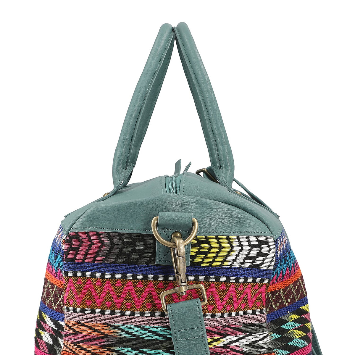 Closeout Deal - 100% Genuine Leather Handmade Jacquard Holdall Luggage Bag - Teal 8717857 11