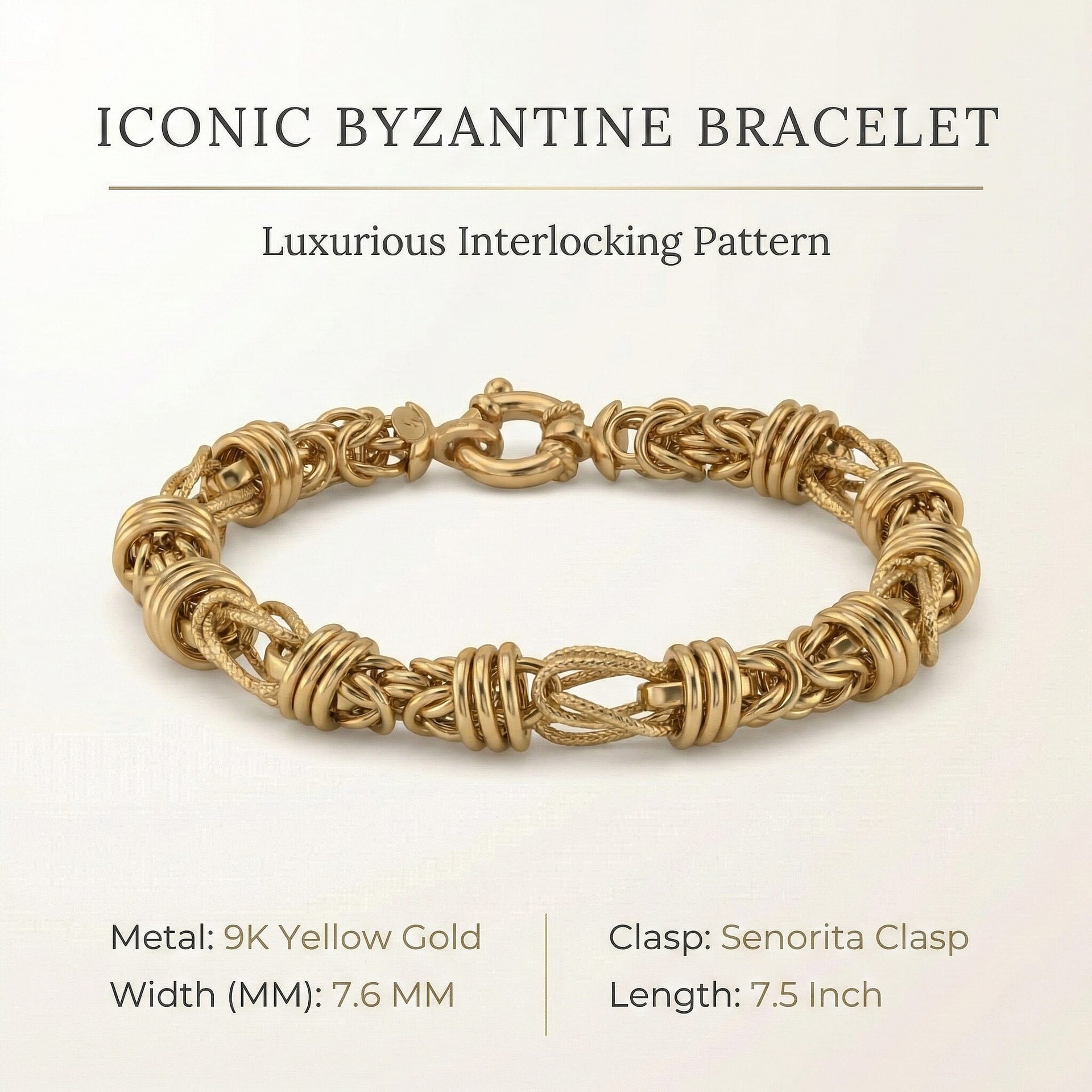 Close Out Deal - 9K Yellow Gold 7.6MM Byzantine Bracelet with Senorita Clasp 7.5 Inch 8313901 6