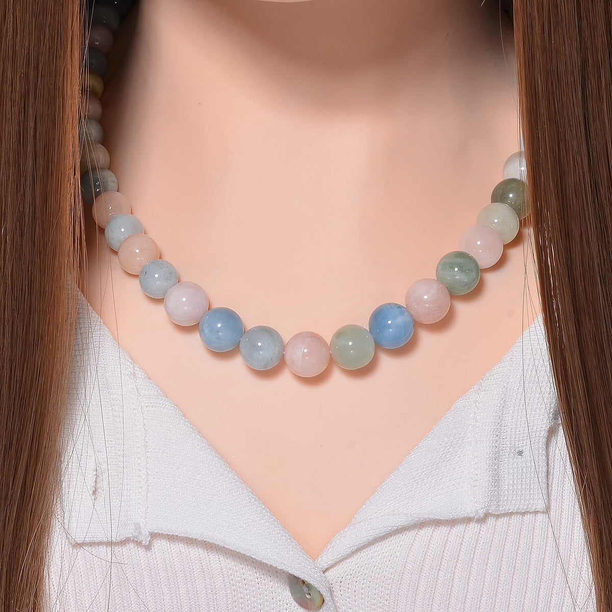 Close Out Deal- Multi Beryl (Aquamarine, Morganite) Bead Necklace (Size - 20) in Rhodium Overlay Sterling Silver 475 ct. 7810159 2