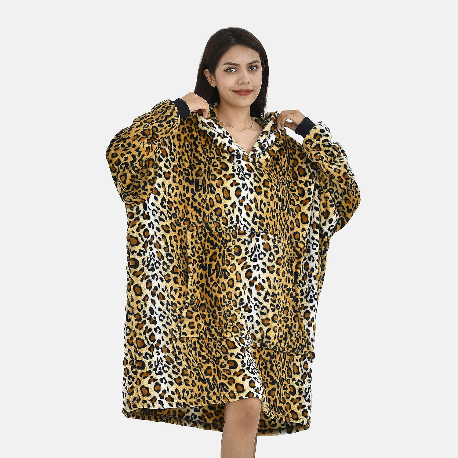 Leopard Pattern Flannel Oversized Hoodie with a Giant Pocket (One Size) - Black 7214657 0