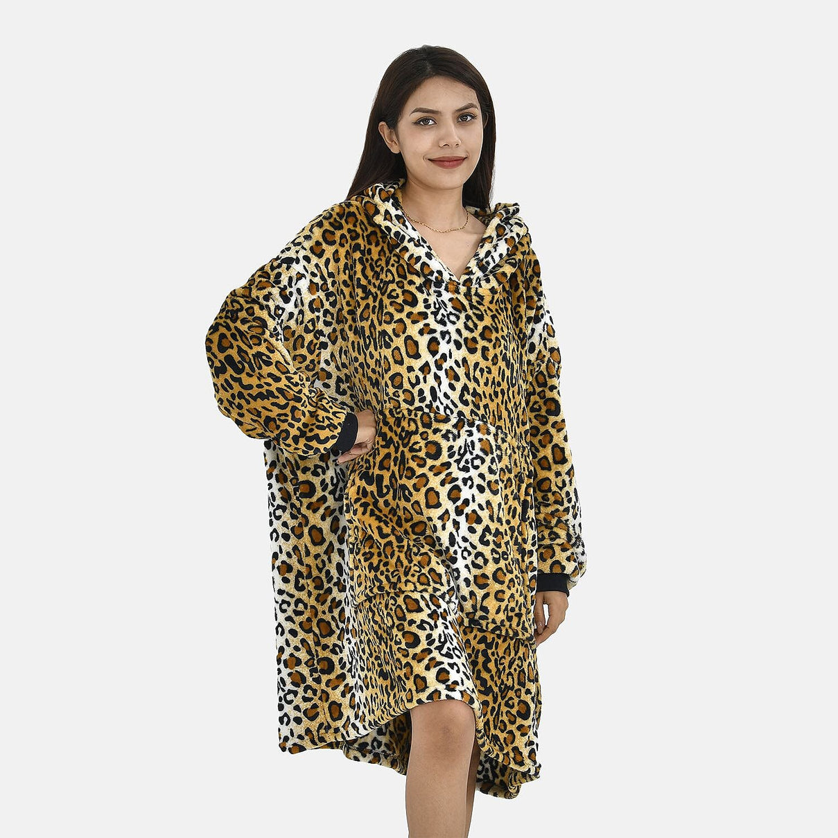 Leopard Pattern Flannel Oversized Hoodie with a Giant Pocket (One Size) - Black 7214657 3