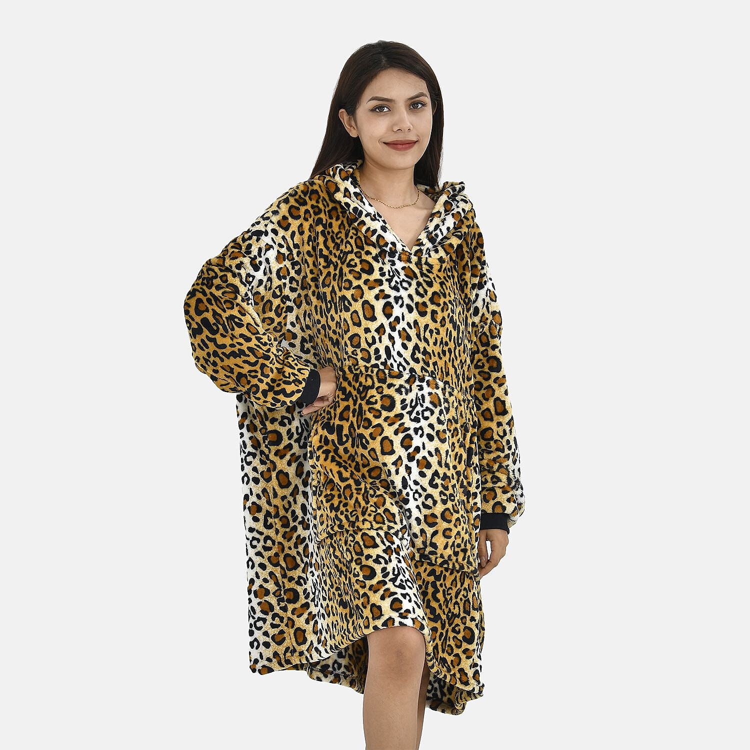 Leopard Pattern Flannel Oversized Hoodie with a Giant Pocket (One Size) - Black 7214657 3