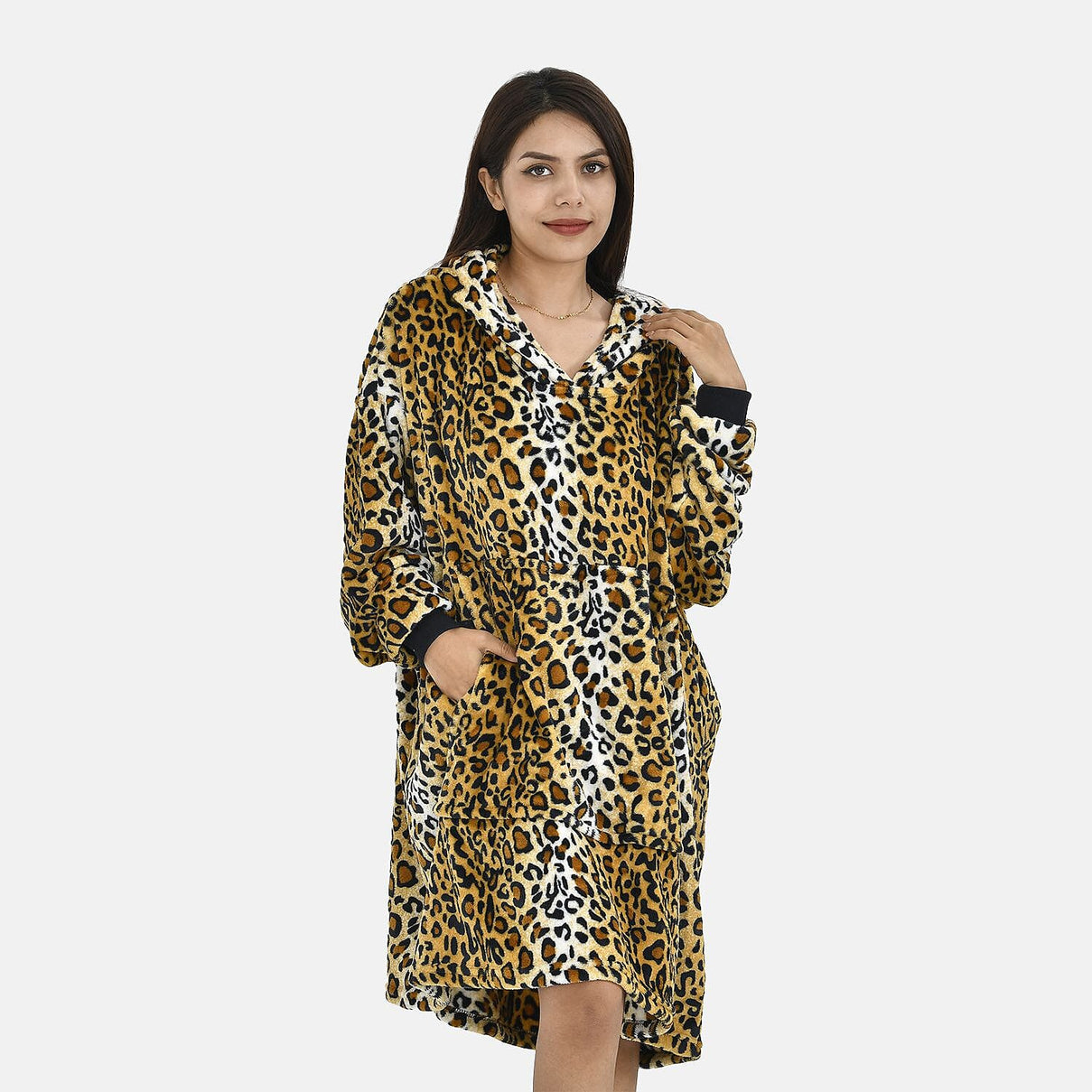 Leopard Pattern Flannel Oversized Hoodie with a Giant Pocket (One Size) - Black 7214657 4