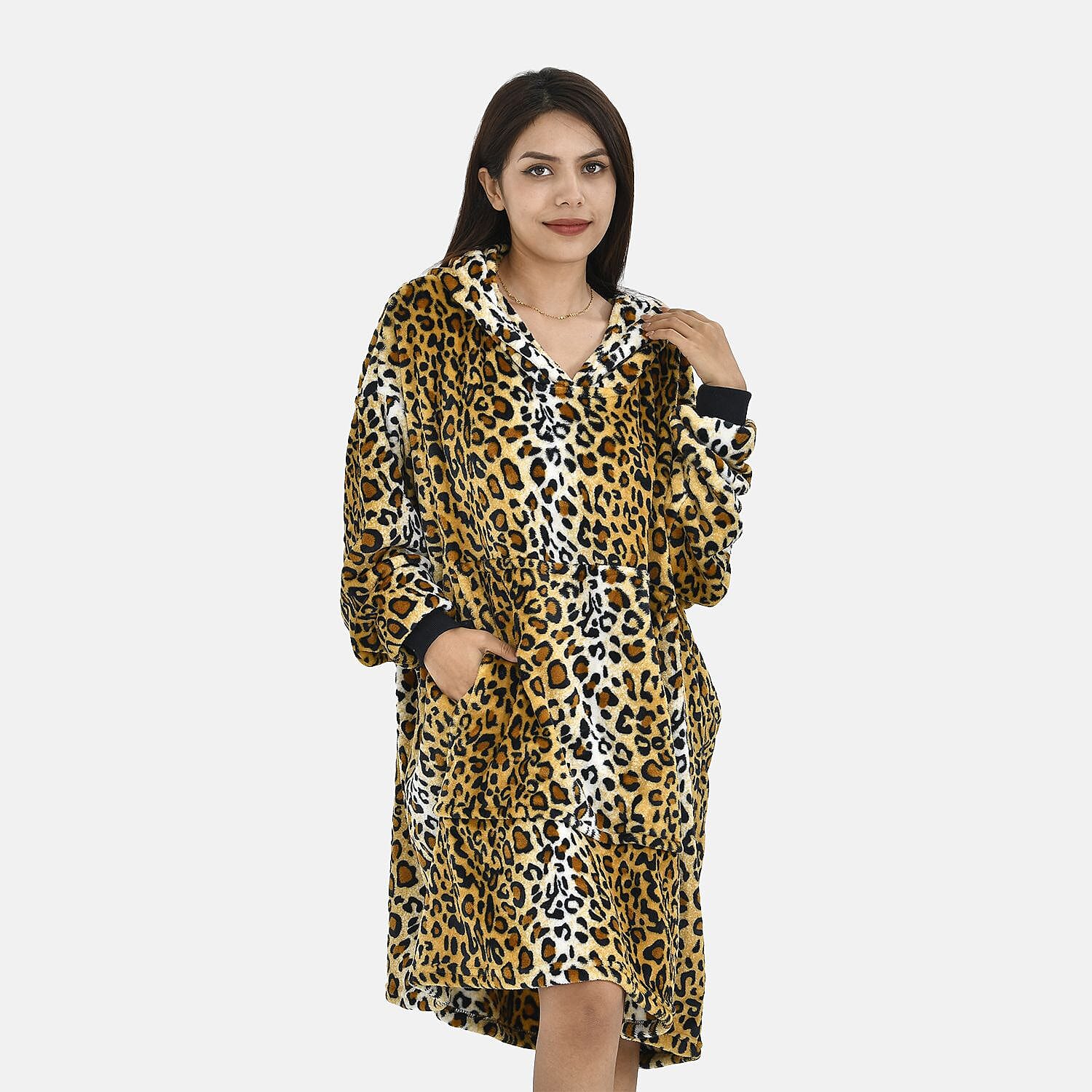 Leopard Pattern Flannel Oversized Hoodie with a Giant Pocket (One Size) - Black 7214657 4