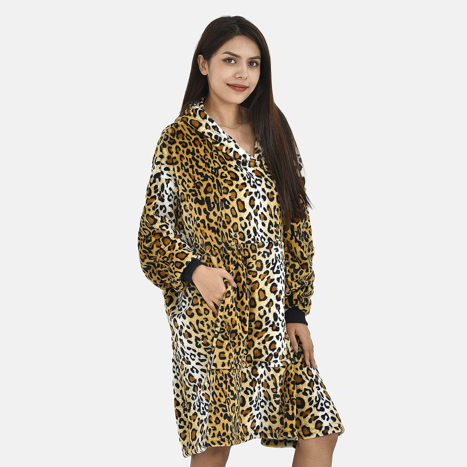 Leopard Pattern Flannel Oversized Hoodie with a Giant Pocket (One Size) - Black 7214657 5