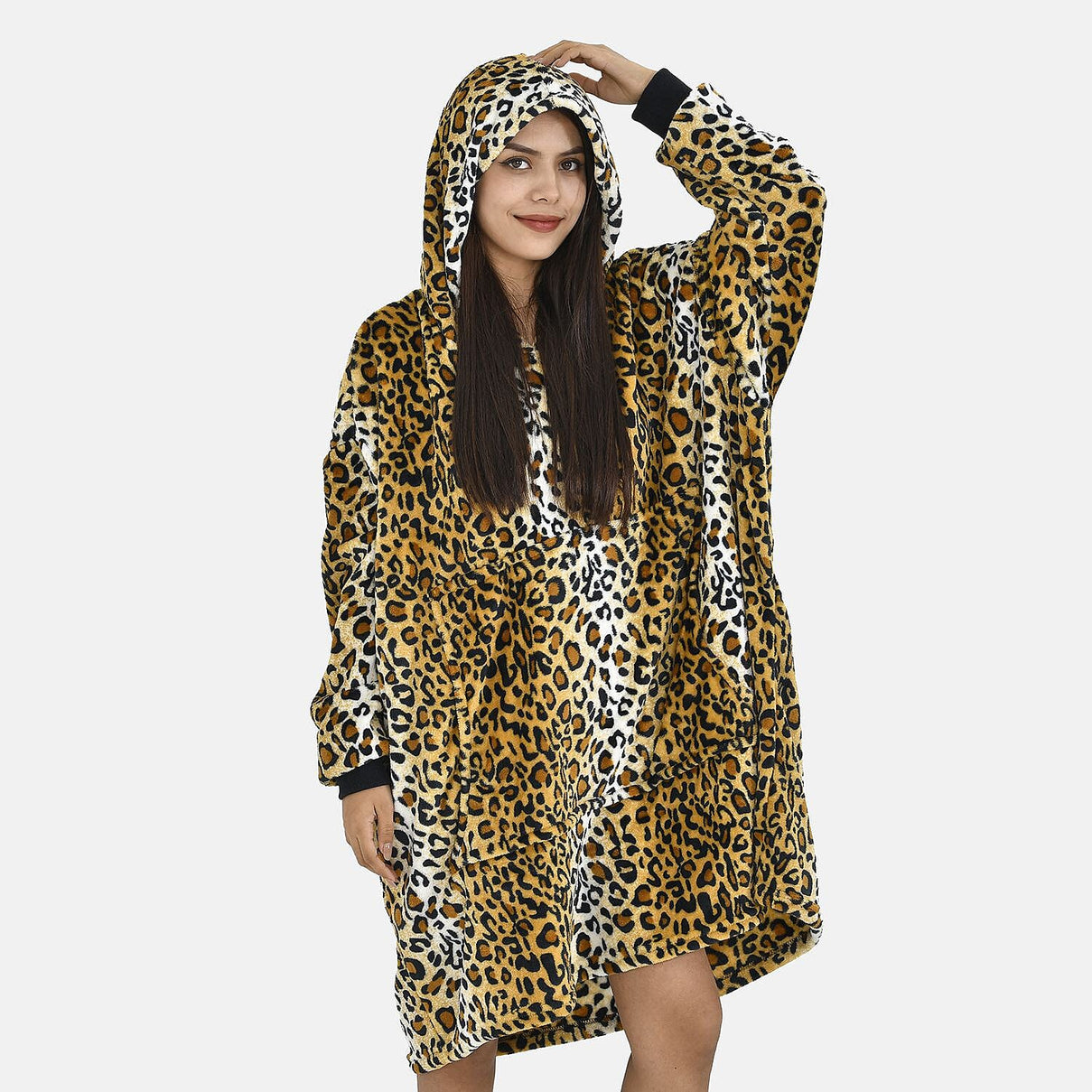 Leopard Pattern Flannel Oversized Hoodie with a Giant Pocket (One Size) - Black 7214657 6