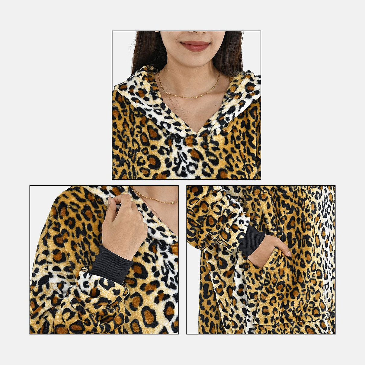 Leopard Pattern Flannel Oversized Hoodie with a Giant Pocket (One Size) - Black 7214657 8