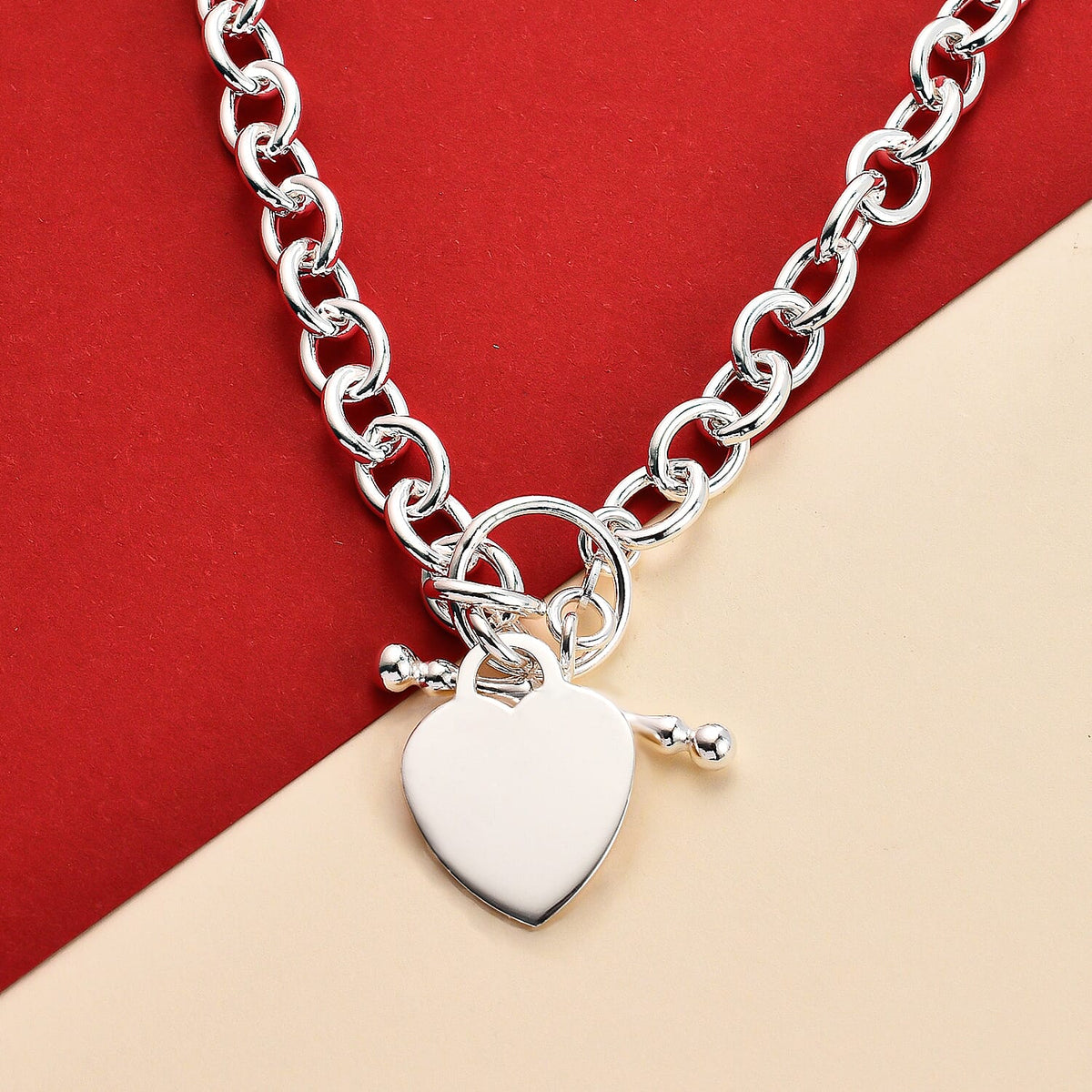 One Time Close Out - Sterling Silver Heart Belcher Necklace (Size - 18) with T-Bar Lock, Silver Wt. 30.88 Gms. 7134956 0