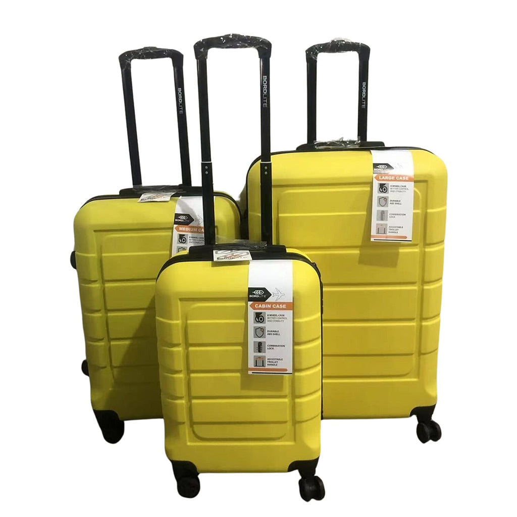 Bordlite Set of 3 - Durable Hard Shell 4 Wheel Suitcases with Soft Grip Handles- Yellow