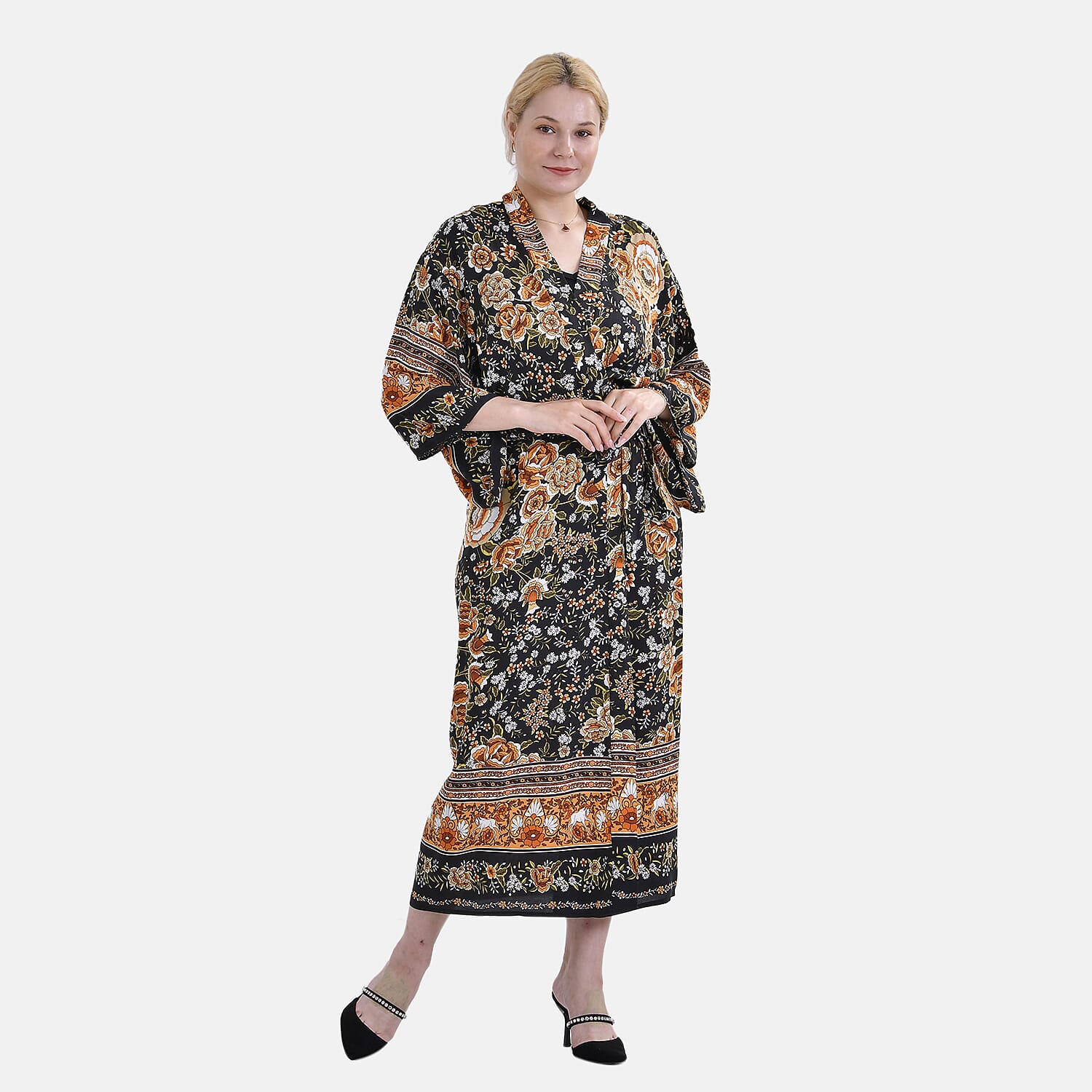 Closeout Deal 100% Viscose Flower Printed Long Kimono (One Size) - Black 7778271 0
