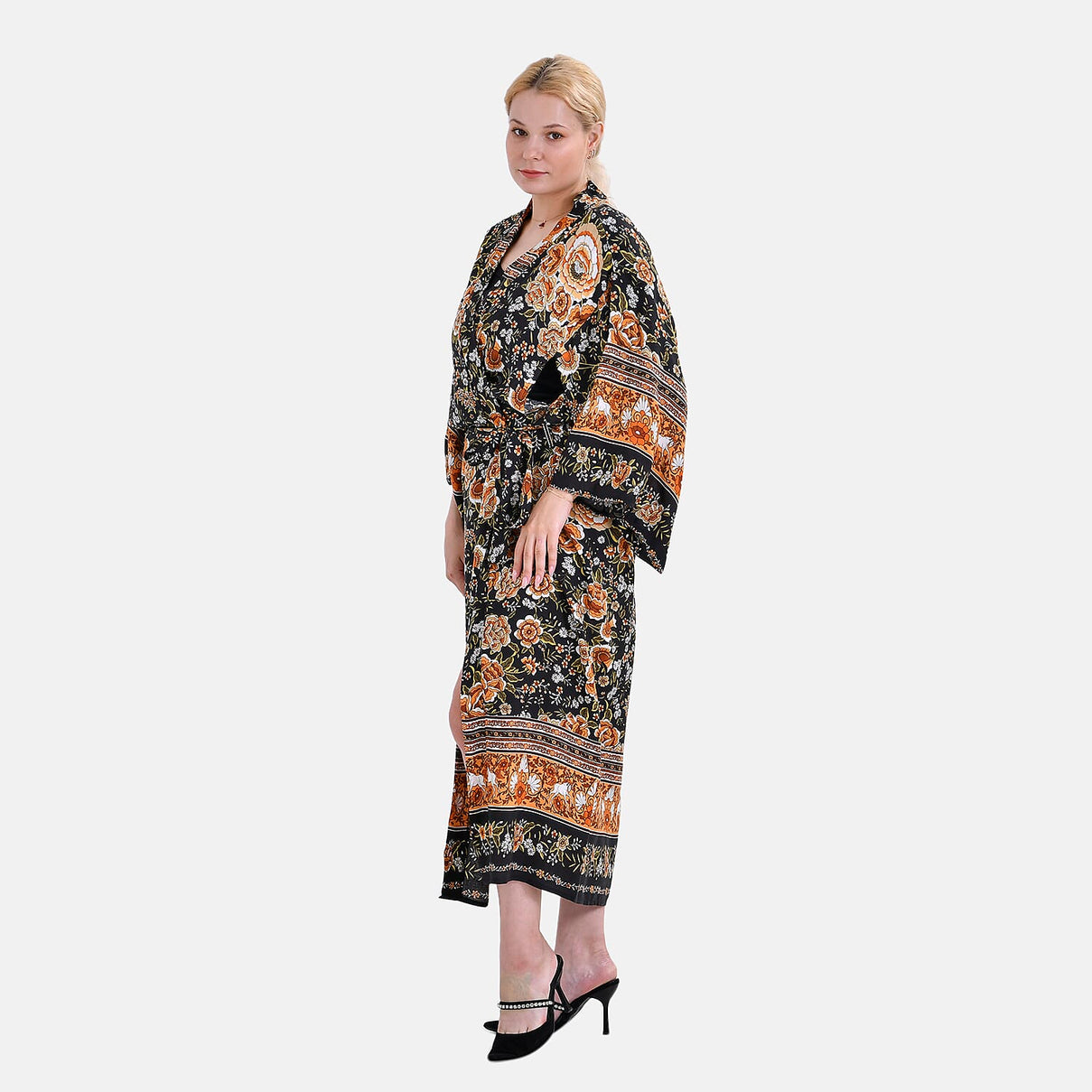 Closeout Deal 100% Viscose Flower Printed Long Kimono (One Size) - Black 7778271 3