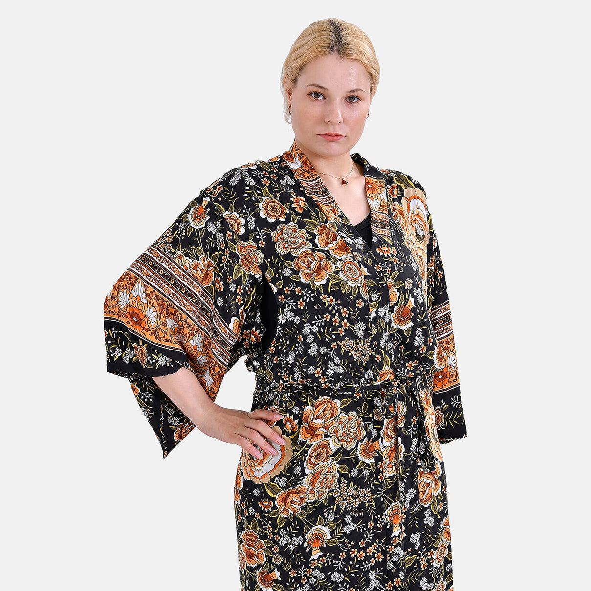 Closeout Deal 100% Viscose Flower Printed Long Kimono (One Size) - Black 7778271 5