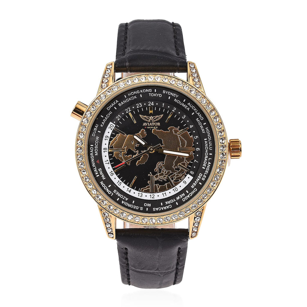 Closeout Deal - Aviator Ladies Crystal Studded Watch with World Timer Function with Genuine Leather Strap - 38mm Dial