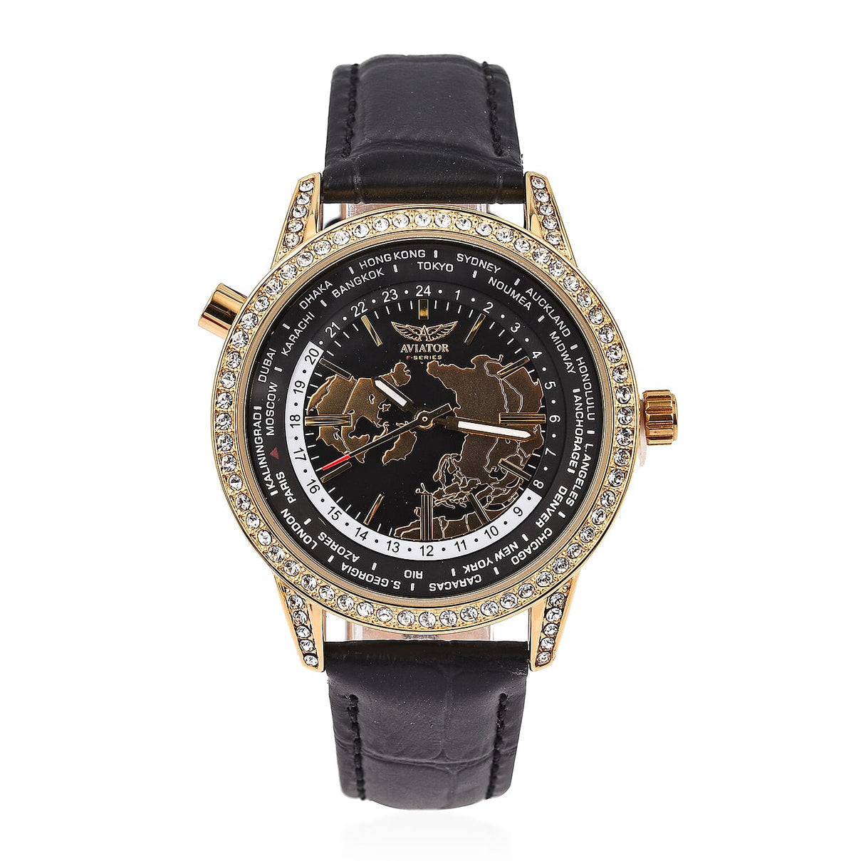 Closeout Deal - Aviator Ladies Crystal Studded Watch with World Timer Function with Genuine Leather Strap - 38mm Dial 7378818 0