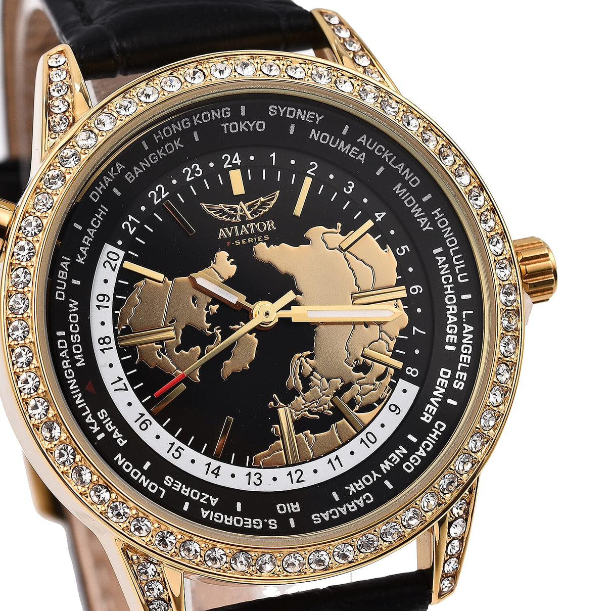 Closeout Deal - Aviator Ladies Crystal Studded Watch with World Timer Function with Genuine Leather Strap - 38mm Dial 7378818 2